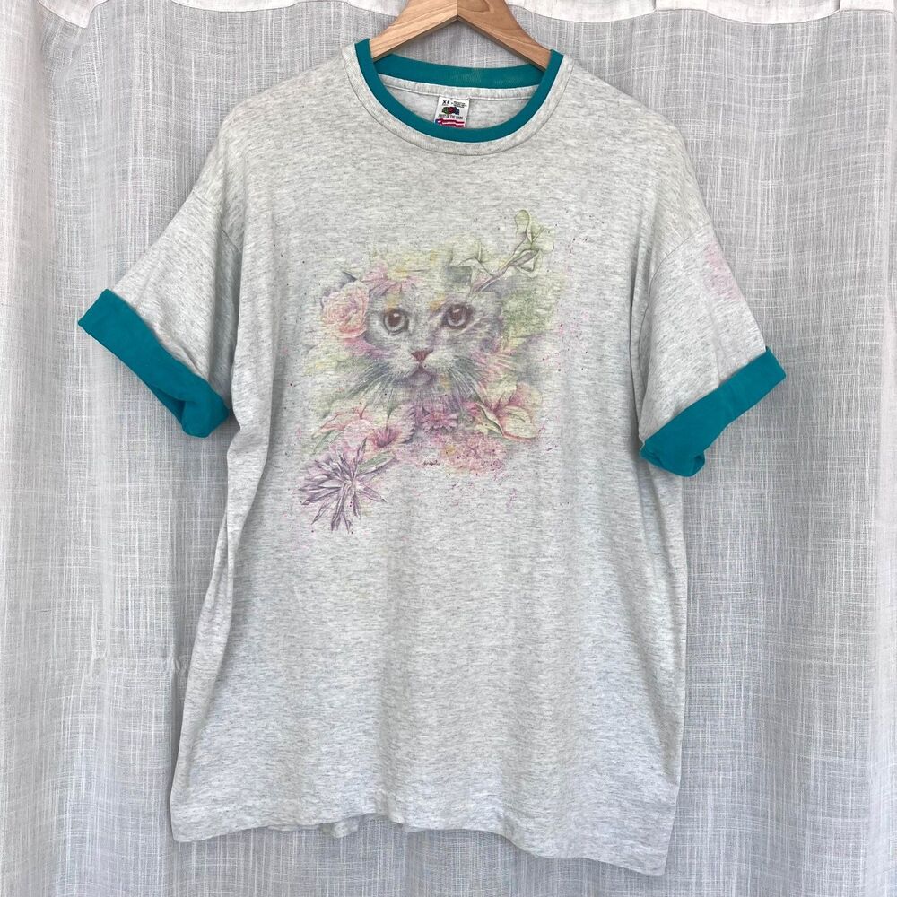 Vintage 80s/90 Roll Sleeve Heather Gray Cat Bouquet T-Shirt